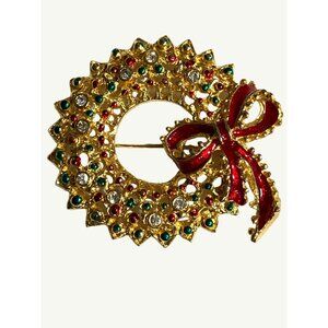 Vintage Rhinestone Goldtone Christmas Wreath with Bow Holiday Brooch Pin